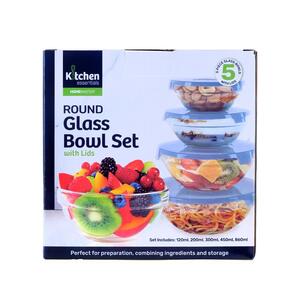 Glass Round Nesting Bowl Set With Lid Set 5pc  